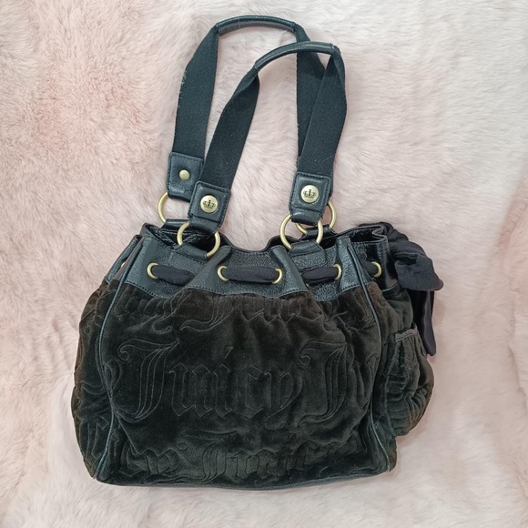 Juicy Couture Daydreamer Vintage Gothic Logo Velour Bag Purse Bow Ribbon Tote - Picture 2 of 8